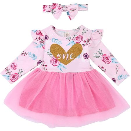 

Viworld Infant Baby Girl One-Piece Dress Kids Floral Heart One Long Sleeve Tutu Ruffled Dress with Bowknot Headband Outfits (Pink 1 6-12M)