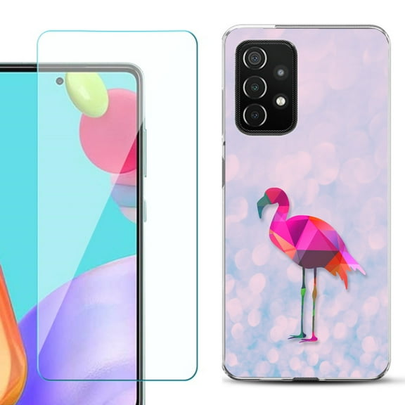 Slim-Fit Flexible Gel TPU Phone Case compatible with Samsung Galaxy A52 5G, with Tempered Glass Screen Protector, by OneToughShield ® - Flamingo / Polygon
