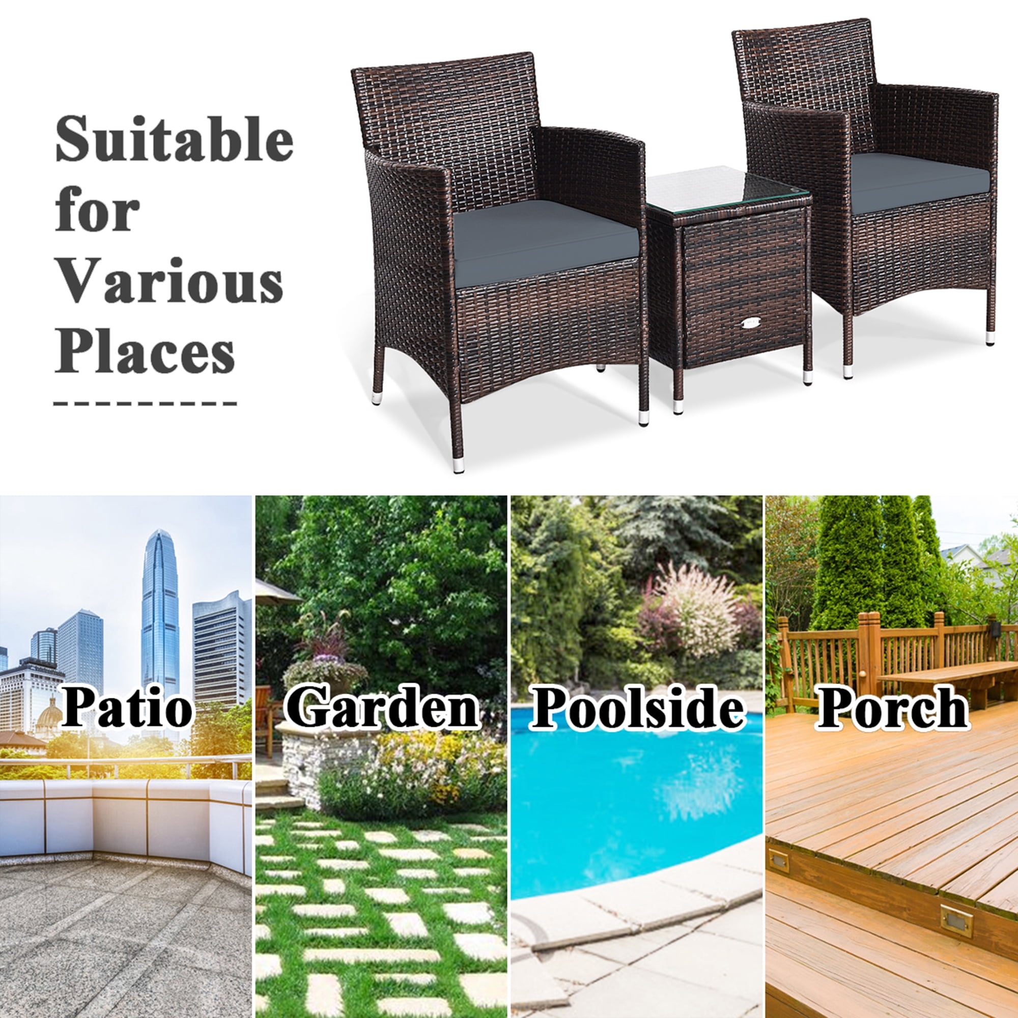 Gymax 3PCS Patio Rattan Chair & Table Furniture Set Outdoor w/ Grey Cushion