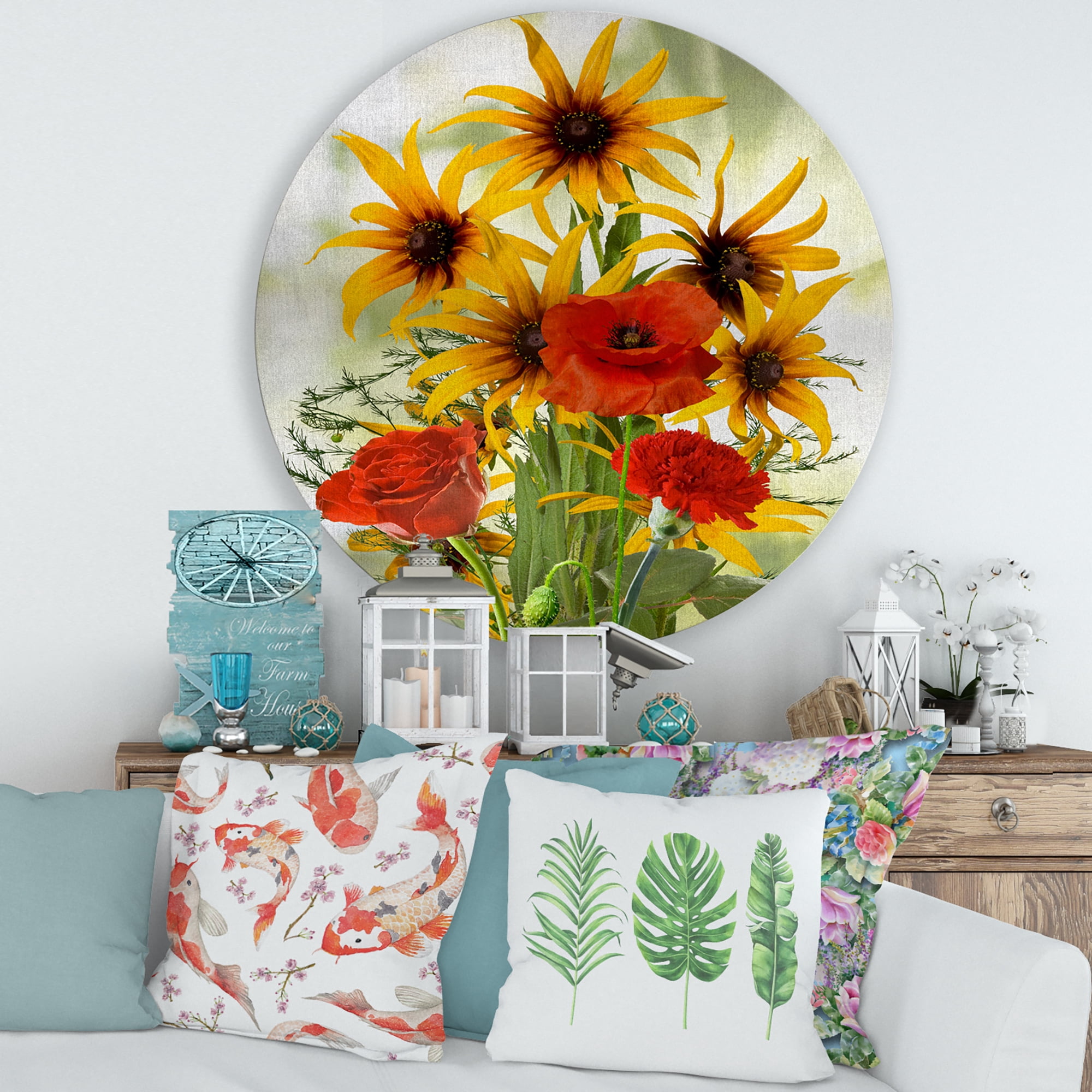 Designart 'Poppies and Sunflowers In The Wild' Traditional Circle Metal Wall Art 29x29 - Disc of 29