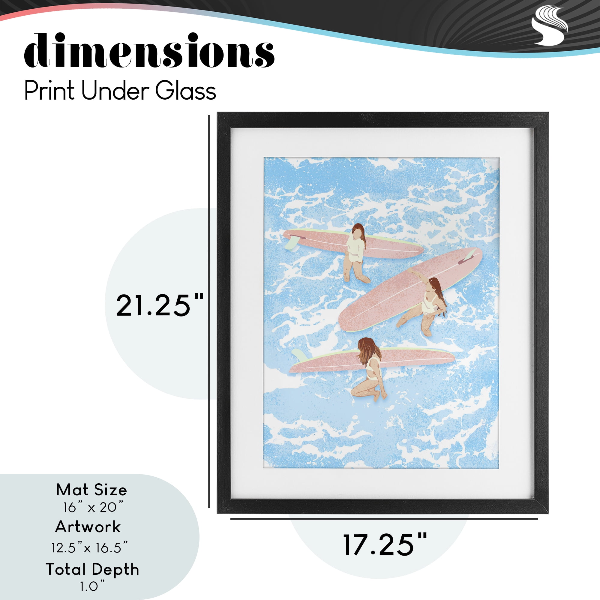 Surfing Girls Trio Black Framed Print Under Glass, design by Ziwei Li