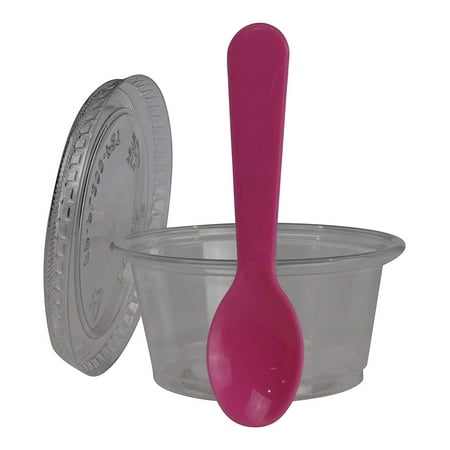 

Clear 2oz Plastic Condiment Cups w/ Lids and 3in Tasting Spoons 200 Count Pink Spoons