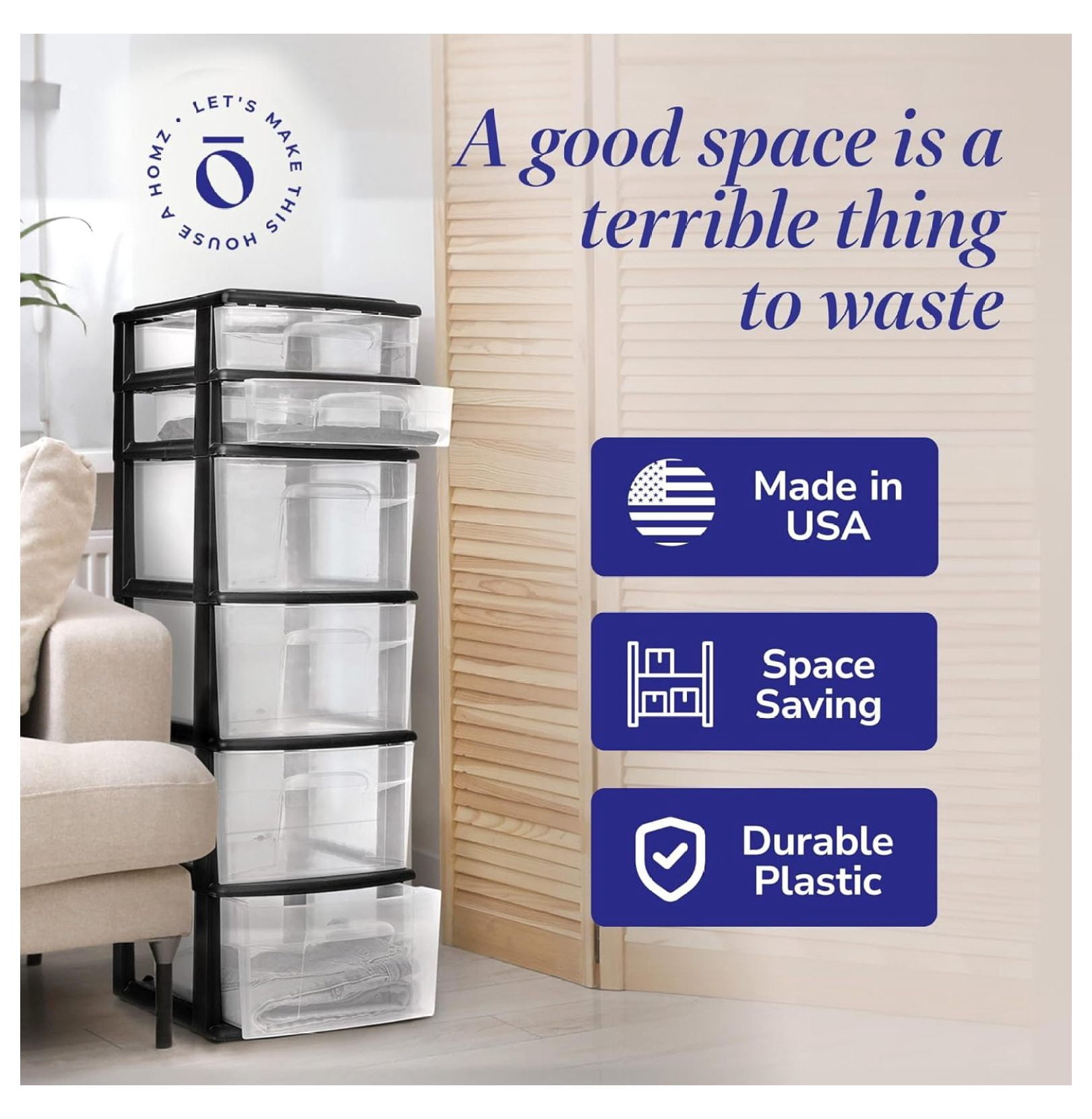 Drawer Tower, 6-Tier Clear Plastic Storage Organizer Cart, Black Frame - Heavy-Duty Organizing Drawers for Home, Bedroom, and Closet Organization