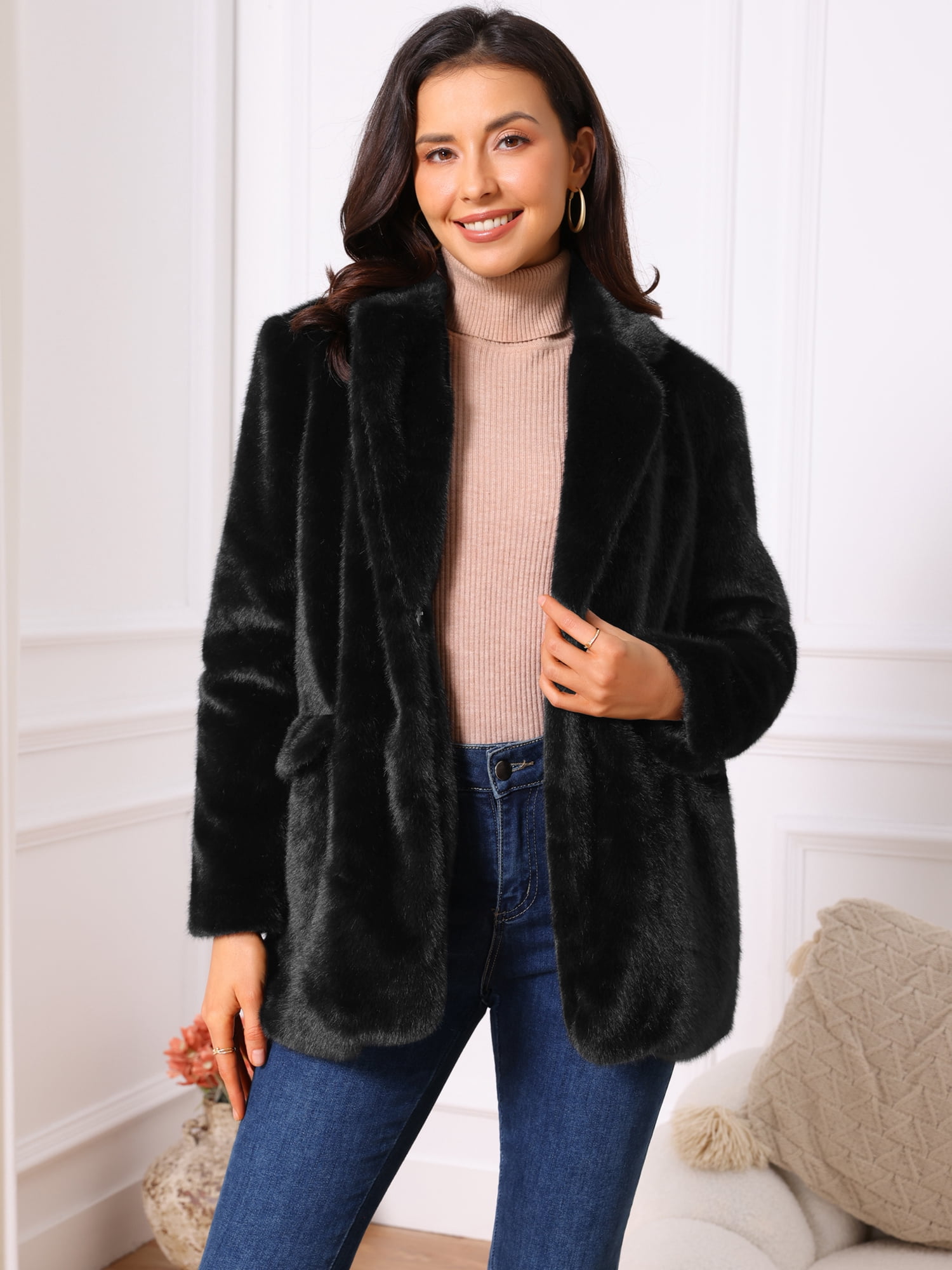 DARING DIVA Women's Faux Fur Coat Open Front Notch Lapel Jacket XL Black
