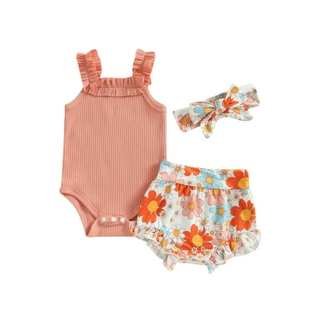 

Taoocy Toddler Baby Girls 3pcs Shorts Set Sleeveless Romper with Flower Print Shorts Hairband Summer Outfit