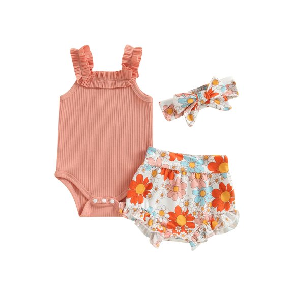 LMLYSoH Baby Girls Shorts Set, Sleeveless Romper with Flower Print Shorts and Hairband Summer Outfit