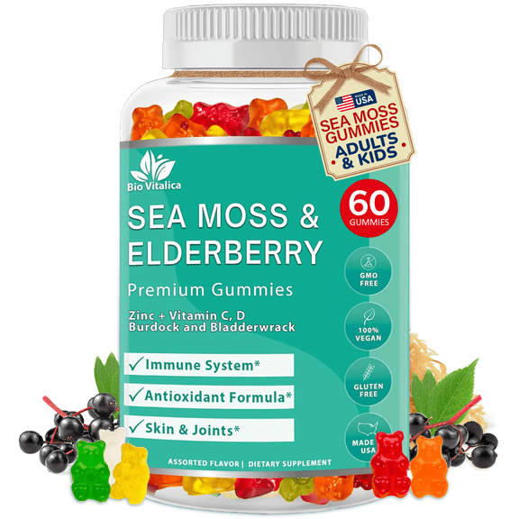 Sea Moss Gummies Elderberry Biovitalica - Vitamin C D   Zinc - Irish Seamoss Vegan Gummy with Sea Moss Gel & Powder for Immunity Detox Dietary Supplement