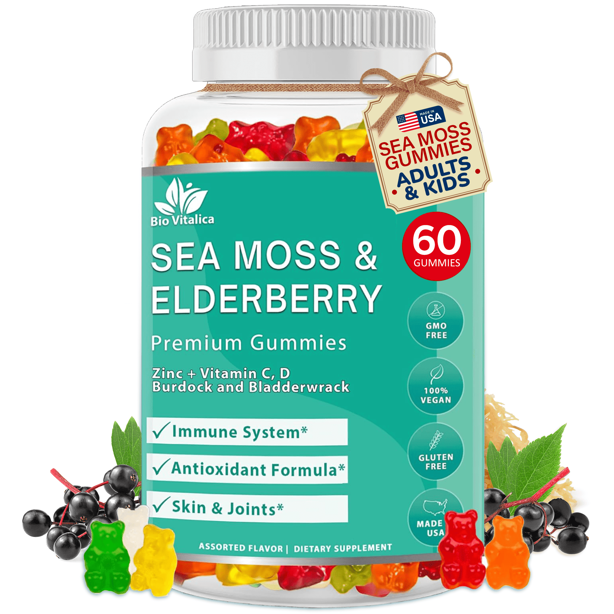 Sea Moss Gummies Elderberry Biovitalica - Vitamin C D + Zinc - Irish Seamoss Vegan Gummy with Sea Moss Gel & Powder for Immunity Detox Dietary Supplement
