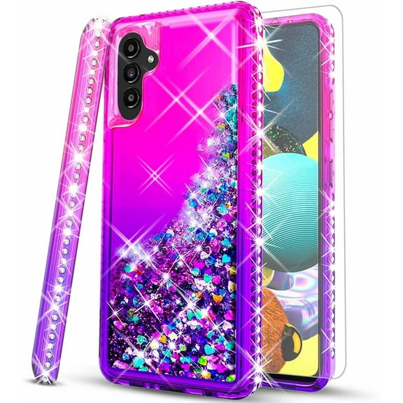 Starshop Galaxy A54 5G case, With Tempered Glass Protector, Liquid Glitter Quicksand Bling Diamond Pink/Purple