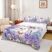Manfei Kawaii Cat Teens Queen Sheet Sets, Purple Blossoms Flower Flat Sheet, Dreamy Butterfly Animal Queen Fitted Sheet, Breathable Home Decor, 4 Pieces