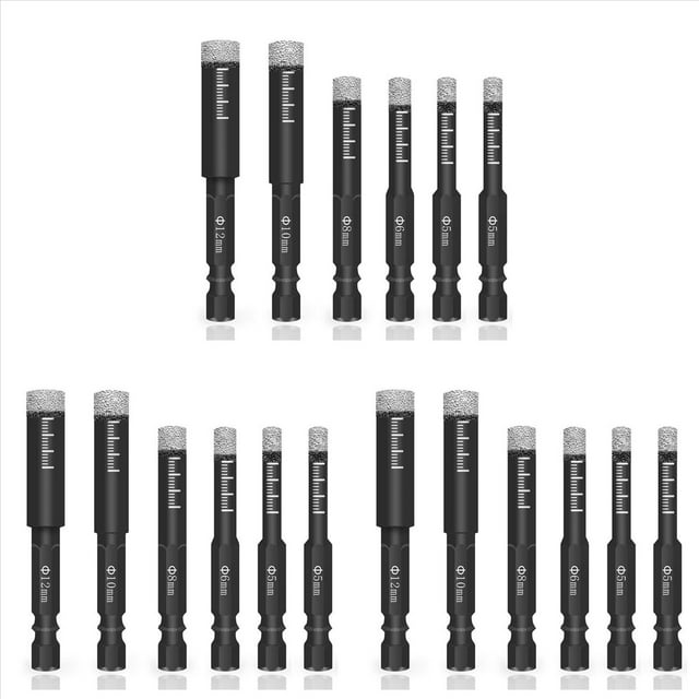 Juego de 18 Brocas de Diamante Seco Negro para Granito CeráMica MáRmol Azulejo Piedra Vidrio Materiales Duros, 5/6/8/10/12Mm