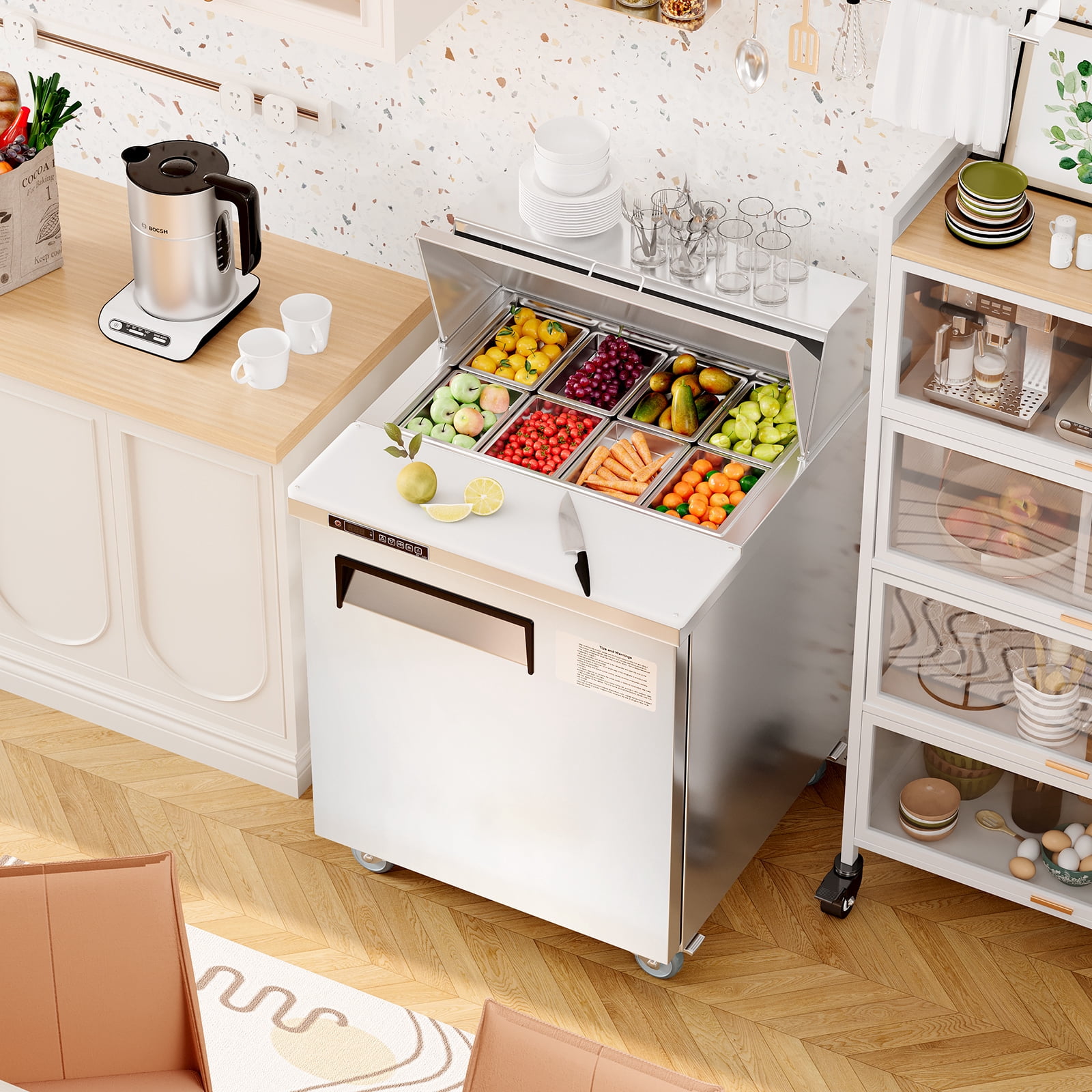 Commercial Refrigerator, 28" Undercounter Worktop Refrigerator,7.4 cu. ft W Single Door Thick Stainless Steel Refrigerator Sandwich Salad Prep Station Cooling with Cutting Board and 8 Pans