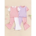 thumbnail image 4 of Yunliwuli Kid Girls Pants Set, Contrast Color Short Sleeve Crew Neck T-shirt with Flare Pants Summer Outfit, 4 of 10