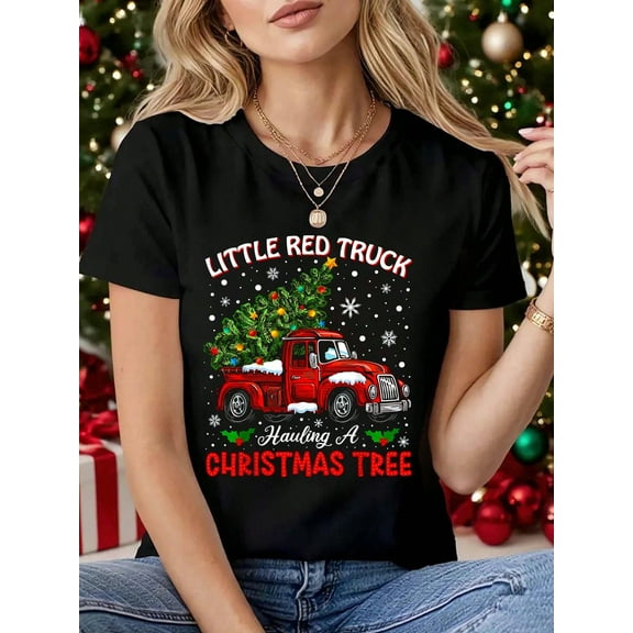 Little Red Truck Hauling A Christmas Tree T-Shirt, Graphic Tees Women