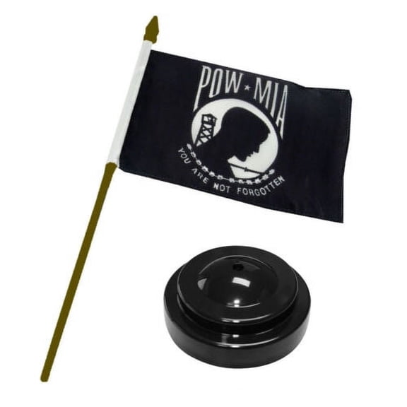POW MIA POWMIA Prisoner of War Flag 4"x6" Desk Set Table Black Base Gold Staff