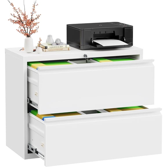 MISSUNNY 2-Drawer White Metal Lateral File Cabinet for Home Office, Locking, Fits Letter/Legal/F4/A4 Hanging Files, Easy Assembly