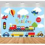 Transportation Boy Happy Birthday Backdrop Cartoon Blue Sky Clouds Trailer Train Car Bus Truck Hot Air Balloon Theme Party Table Decoration Banner Kids Photography Background