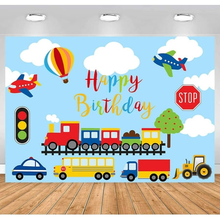 Transportation Boy Happy Birthday Backdrop Cartoon Blue Sky Clouds Trailer Train Car Bus Truck Hot Air Balloon Theme Party Table Decoration Banner Kids Photography Background
