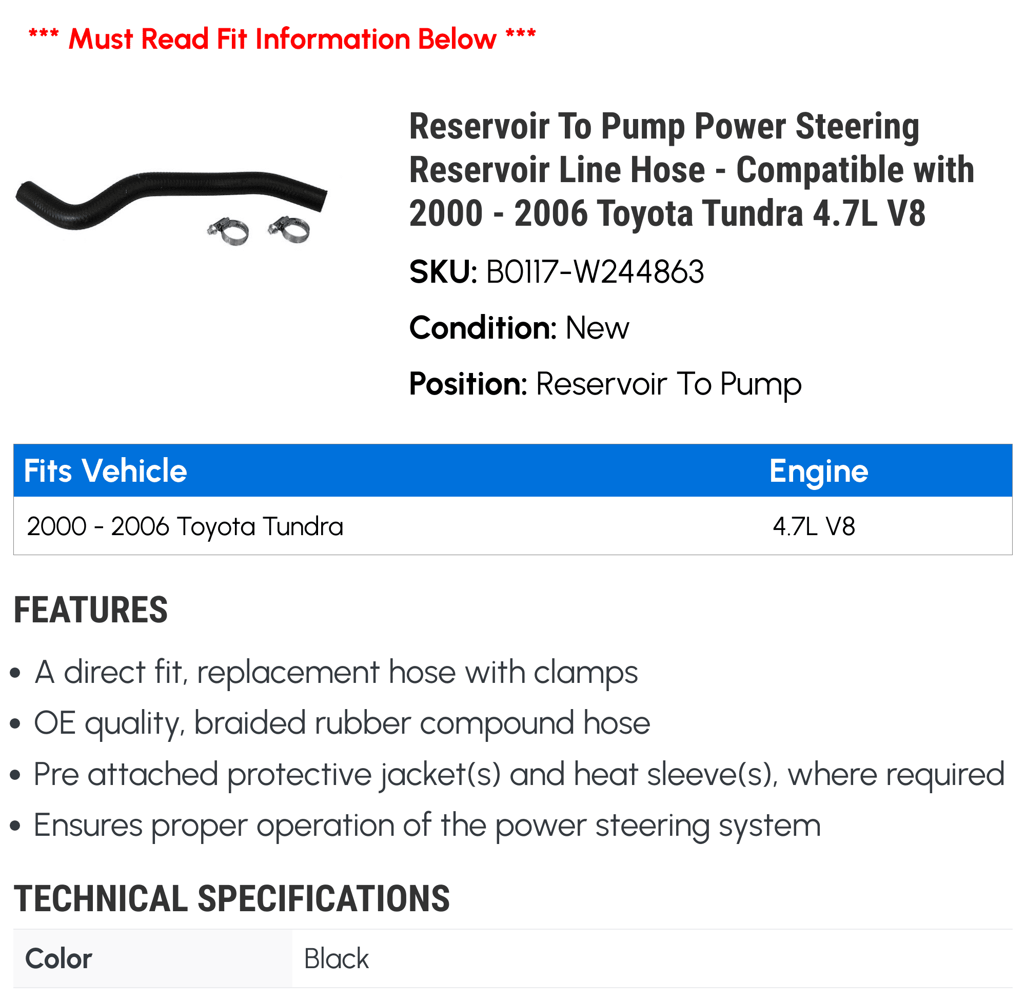 Reservoir To Pump Power Steering Reservoir Line Hose - Compatible with 2000 - 2006 Toyota Tundra 4.7L V8 2001 2002 2003 2004 2005