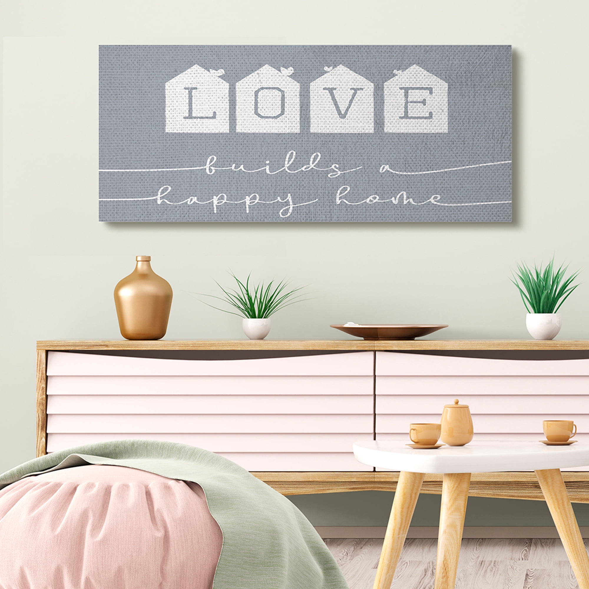 Stupell Industries Love Builds a Happy Home Phrase Blue Neighborhood Inspirational Painting Gallery Wrapped Canvas Art Print Wall Art, 20 x 48