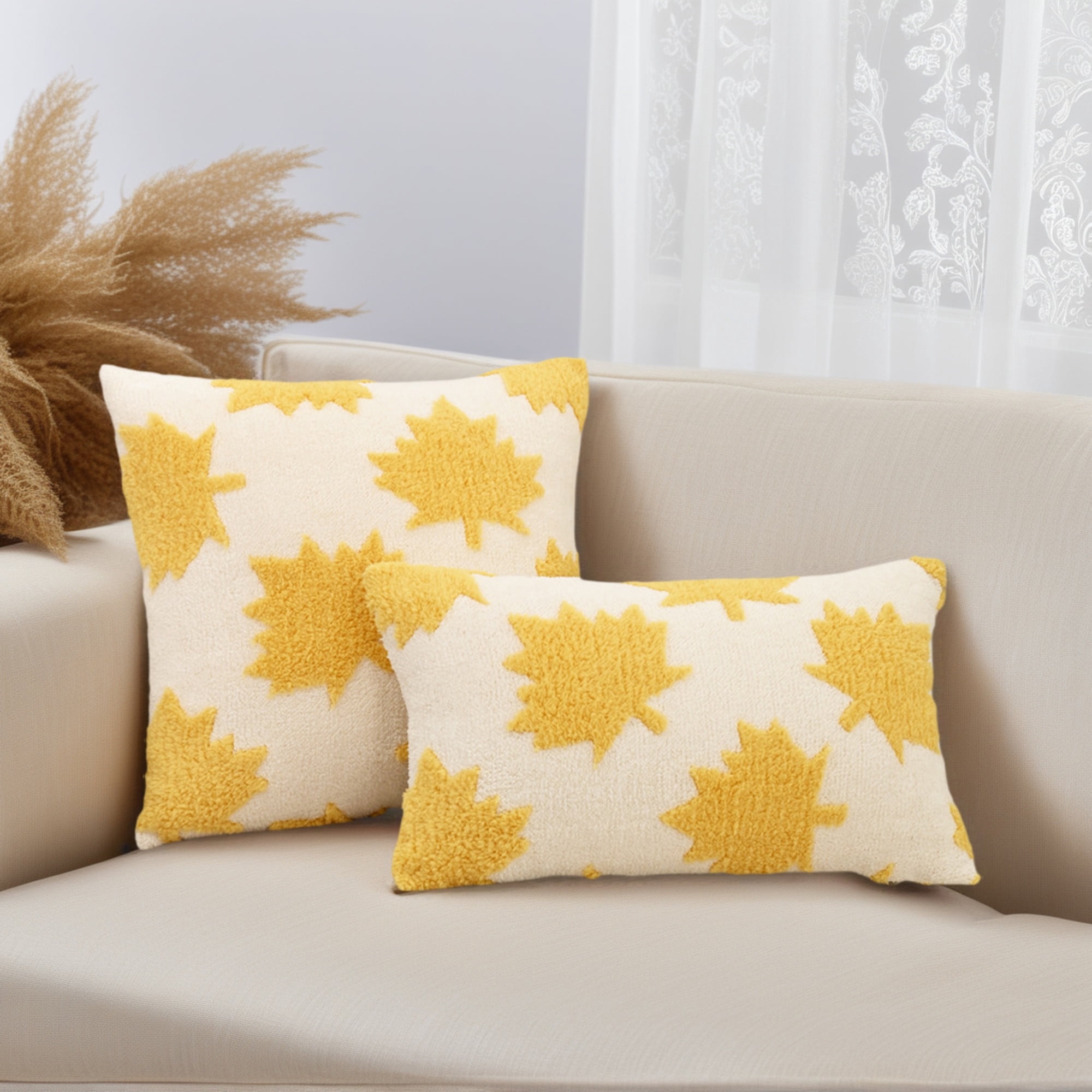 Unique Bargains Pack of 2 Maple Leaf Jacquard Throw Pillow Covers 18"x18" Yellow