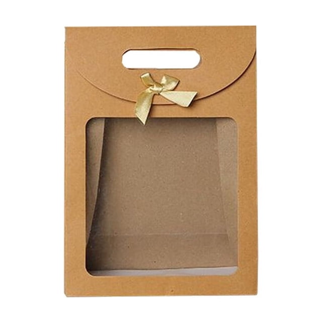 Open Window Bow Decor Gift Tote Unique Design Bag Kraft Tote Party Favors Wedding Cookies Candy Packaging Wrapping Pouch with Handle 16*12*6cm