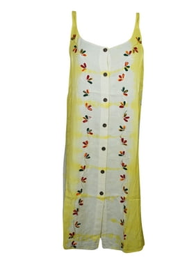 Mogul Tie Dye Yellow Dress Floral Embroidered Bohemian Fashion Shift Dresses