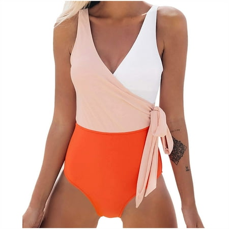 

VKEKIEO One-Piece Swimsuit Sport Bra Style Padded Orange L