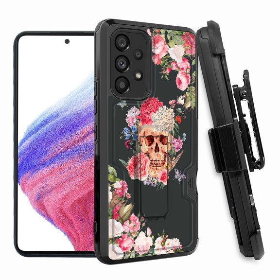 ANJ  Rugged Shockproof Hoster Case w/Card Slot, Kickstand   Tempered Glass Cover for Samsung Galaxy A33 5G - Floral Skullcap
