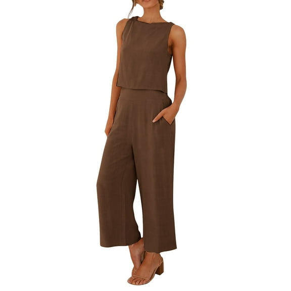 GILIGEGE Linen Sets for Women 2 Piece Summer Women Suit Fashion Comfortable Vest and Long Pants Solid Color Top Set Suit Wide Leg Pants Tracksuit Lounge Matching Sets Brown L