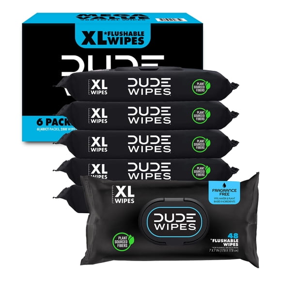 DUDE Wipes - Flushable Wipes - 6 Pack, 288 Count - Unscented - Extra-Large - Vitamin-E & Aloe - Septic and Sewer Safe