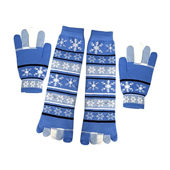 Peach Couture Winter Warm Colorful Toe Socks and Gloves Pack Snowflake Blue