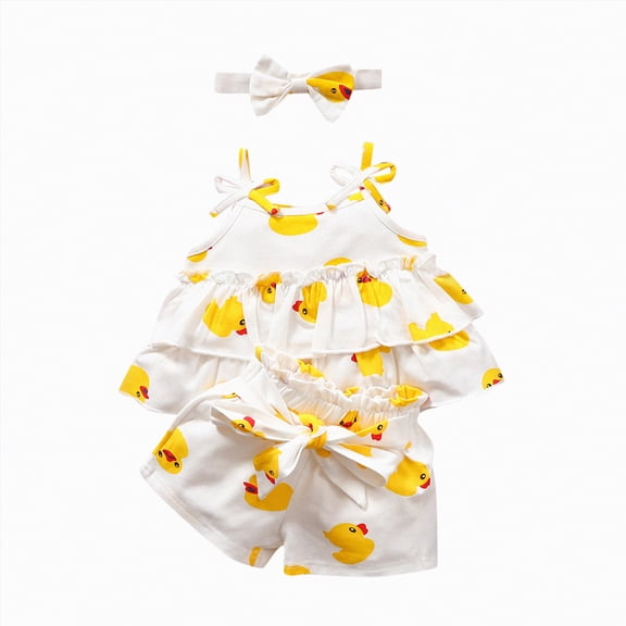 Kaprioy Girls Summer Clothes Outfits For Girls Toddler Sleeveless Cartoon Duck Prints Ruffles Vest Tops T Shirt Shorts Outfits Girls Summer Clothes