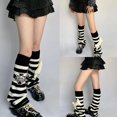 thumbnail image 4 of White Calcetines góticos Punk hasta la rodilla para mujer, calentadores de piernas a rayas de punto con calavera y hueso, 4 of 5