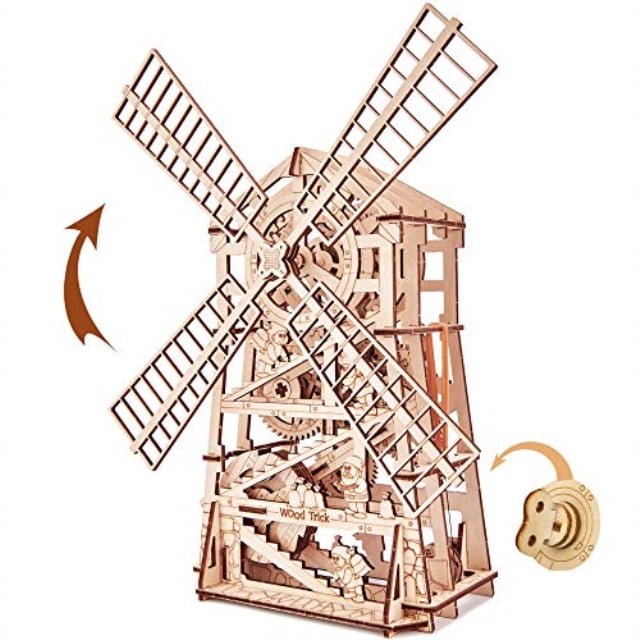 Wood Trick Mechanical Windmill Toy with Clockwork Mechanism Wooden