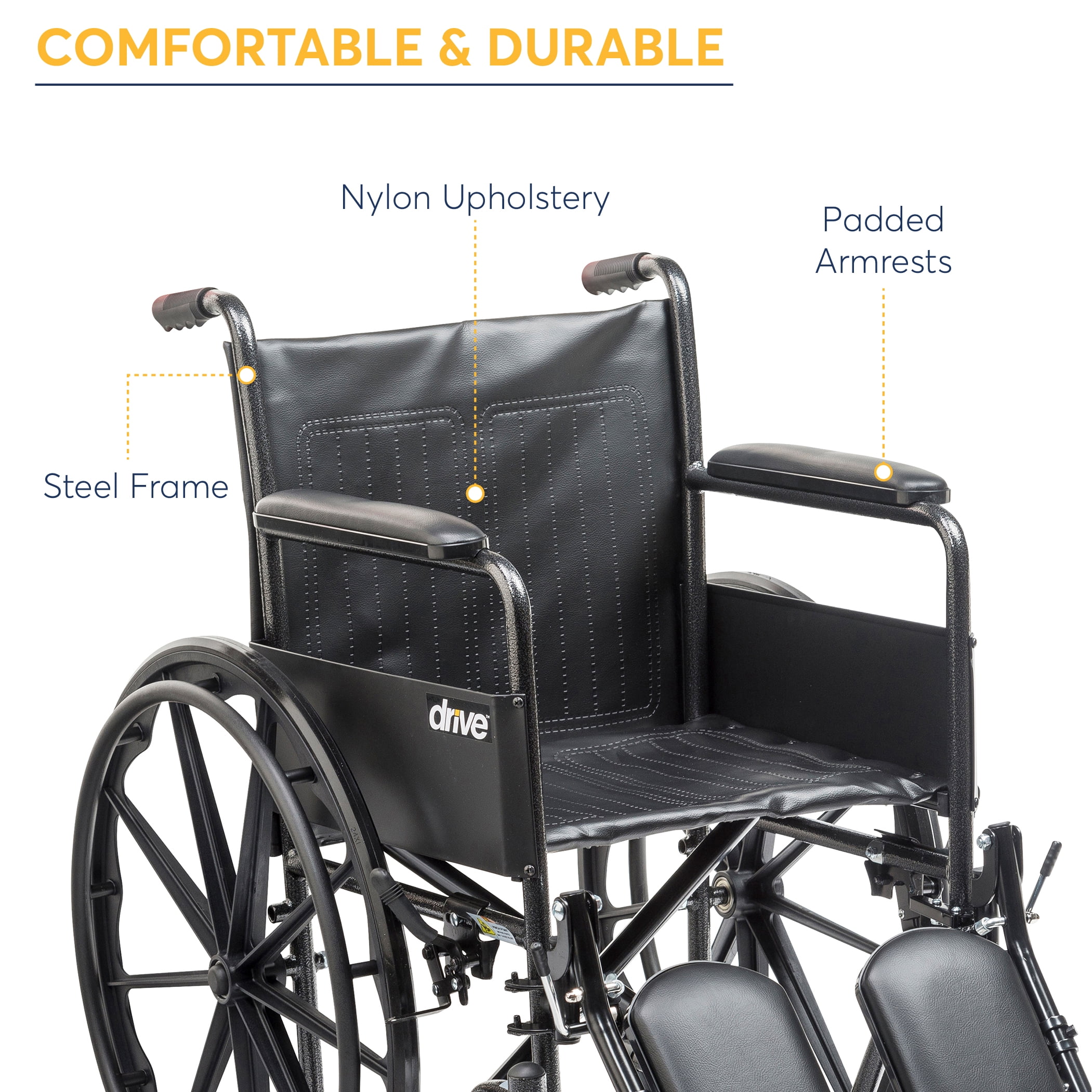 Drive Medical Silver Sport 2 Wheelchair, Non Removable Fixed Arms, Elevating Leg Rests, 18" Seat