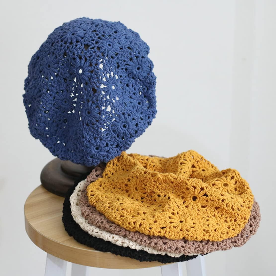LinYooLi Hand Hook Hollowed-Out Chrysanthemum Beret, Hair Cap