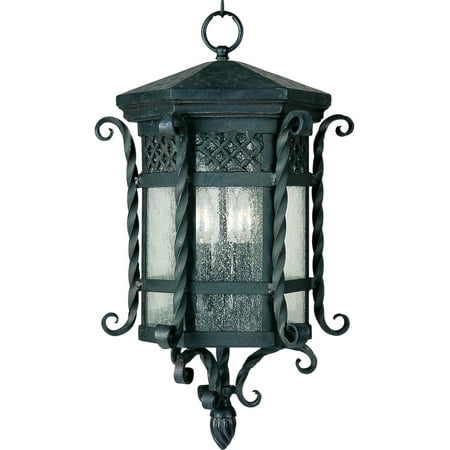 - Outdoor Pendant 3 Light Bulb Fixture With Country Forge Finish Forged Iron Material Candelabra Bulbs 11 inch 120 Watts