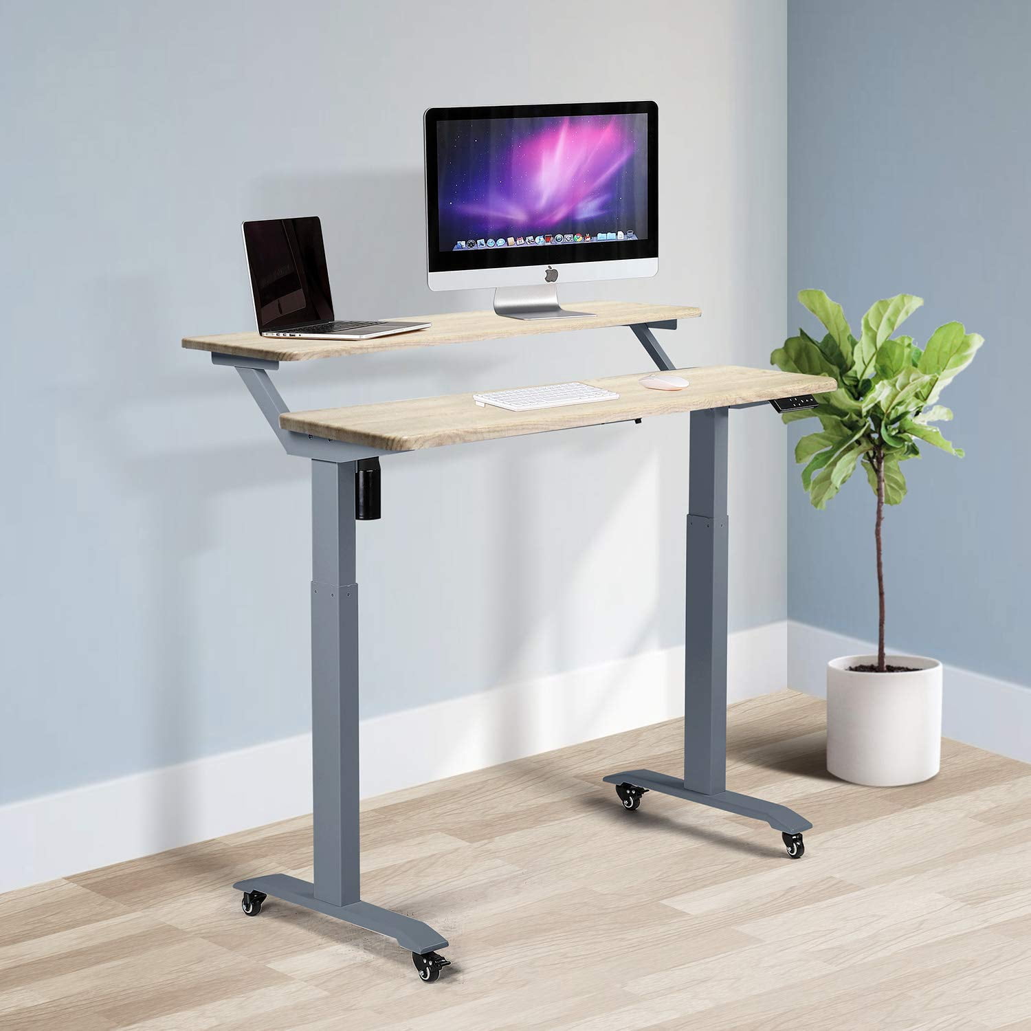 UNICOO® 2 Tier Electric Height Adjustable Standing Desk with Wheels, Electric Mobile Standing Workstation, Sit Stand Desk Home Office Desk Whole-Piece Desk Board 48 * 24 in (KT1002-GG) 2Tier