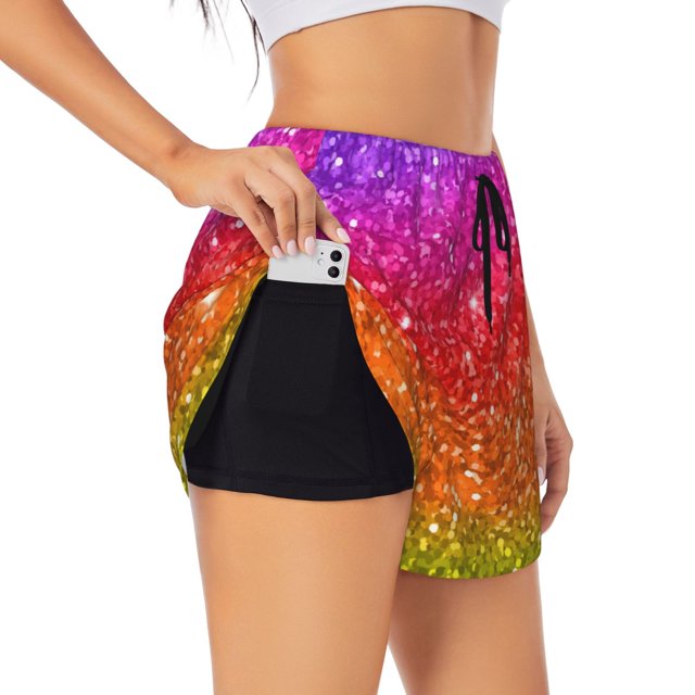 Balery Colorful Glitter Pantalones cortos deportivos para mujer con forro y dos bolsillos, elásticos, para entrenamiento, gimnasio, yoga-XX-Large