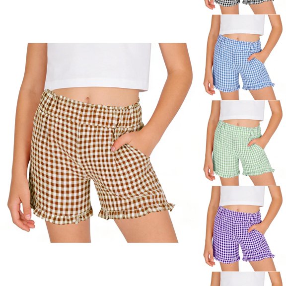 Vrotazzy Girls Casual Plaid Shorts for Everyday Play - Spring Summer Comfort Elastic Waist Soft Twill Girls Shorts Kids Apparel and Everyday Outfit,Sizes 11-12 Years