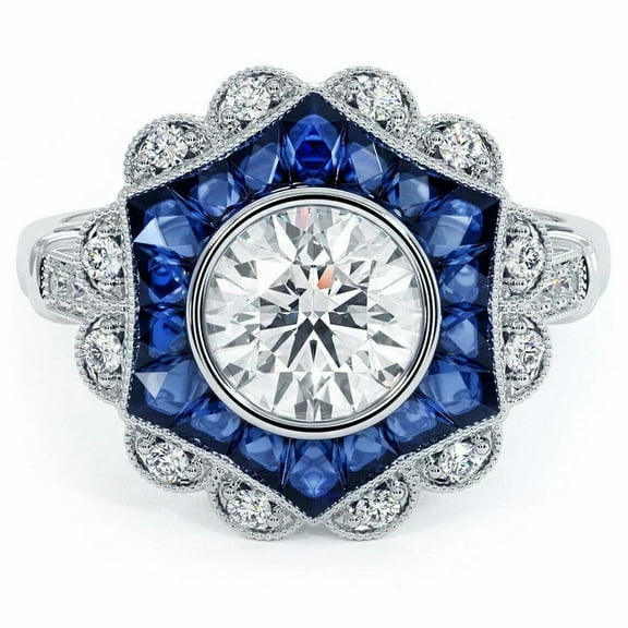 Vintage Art Deco Diamond Ring, Bezel Set Diamond Engagement Ring, Sapphire Hexagon Halo Diamond Ring, Floral Cluster Halo Diamond Ring, 14K White Gold Plated, 2.4 Ct Simulated Diamond