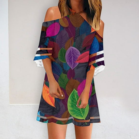 Lilgiuy Women Comfortable Fashion Short Sleeve Printed Off Shoulder Halter Dress Women Girls Holiday Skirts Pullover Clothes