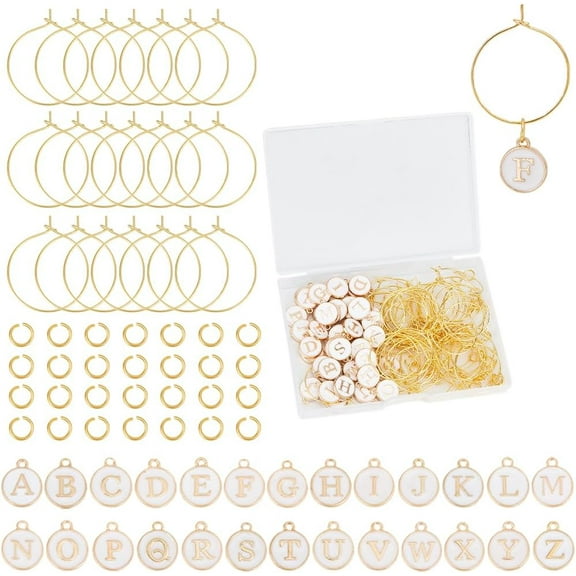 1Box DIY Initial Letter A~Z Alphabet Brass Enamel Wine Glass Charm Rings Making Kits White 14x12x2mm Hole: 1.5mm