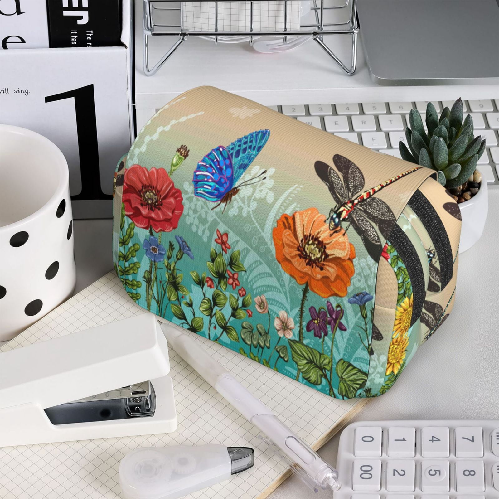 Rateoe Colorful Plants And Insects Pattern Double Clamshell Pen Case, Storage Organizer with Two Zipper Compartments– Holds Up to 50 Pencils & Pens