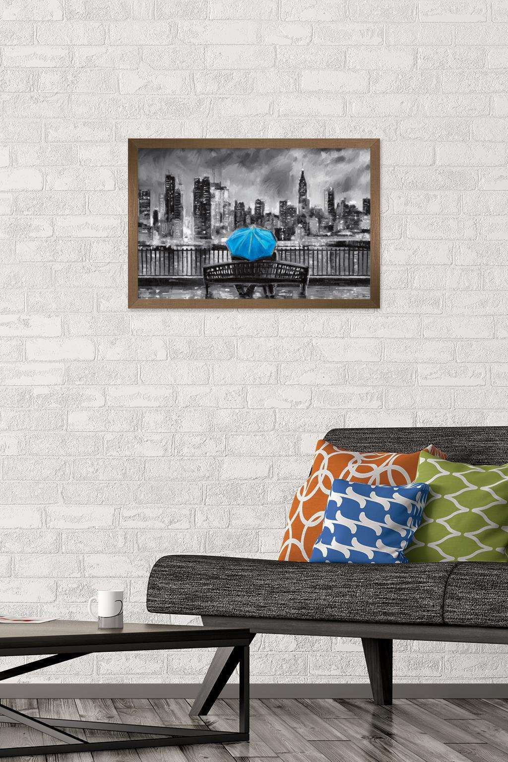 PD Moreno - Fine Art - Blue Umbrella Wall Poster, 14.725" x 22.375", Framed