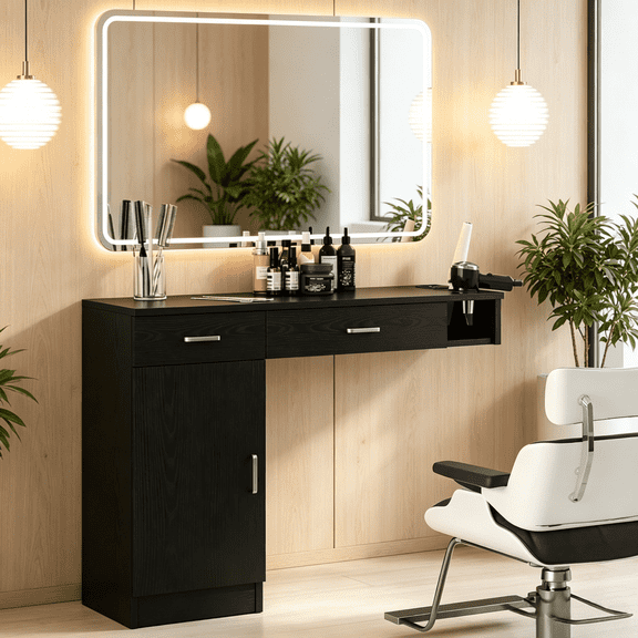 DreamCurship Wall Mount Salon Stations, Barber Station with 3 Hair Dryer Holder, Beauty Salon Spa Equipment with 2 Drawers, 1 Storage Cabinet, Black