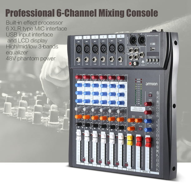 Ammoon 60S-USB 6 canaux Mic Audio Mixer Console de mixage EQ 3 bandes  Entrée USB XLR Alimentation fantôme 48V avec adaptateur secteur 
