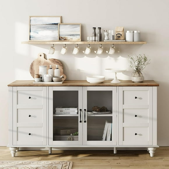 WAMPAT Sideboard, Buffet Cabinets, Glass Door, Kitchen Storage, Wood Coffee Bar, Dining Room Table, Living Room Accent, Storage Cabinet,White&Oak