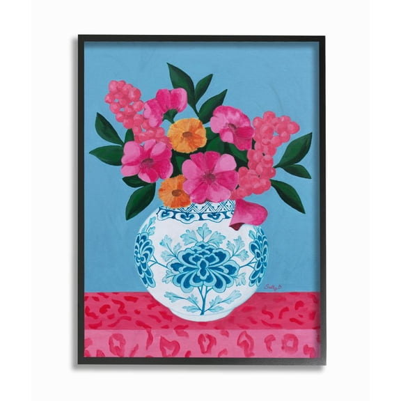 Stupell Industries Flower Vase Pink Blue Painting Black Framed Art Print Wall Art, 16x20, by Sally B